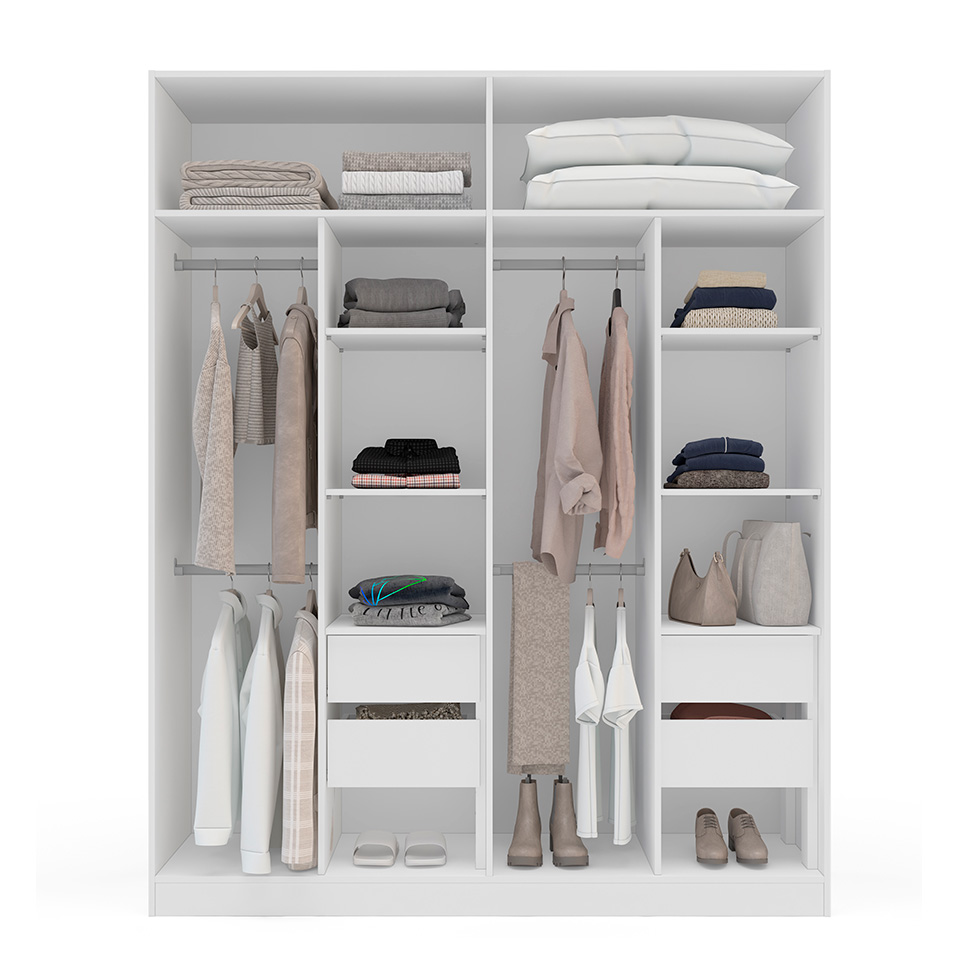 Guarda-Roupa Casal com Espelho Valência 4 Portas 4 Gavetas Branco e Cinza