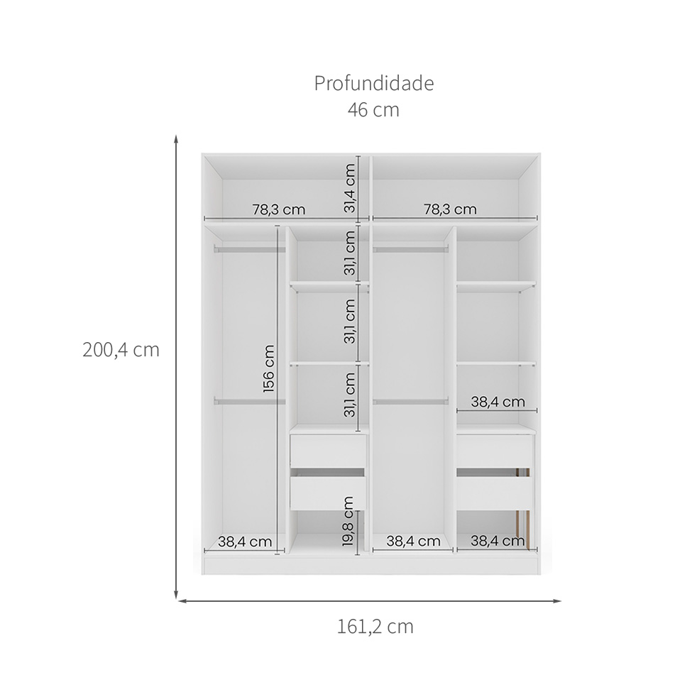 Guarda-Roupa Casal com Espelho Valência 4 Portas 4 Gavetas Branco e Cinza