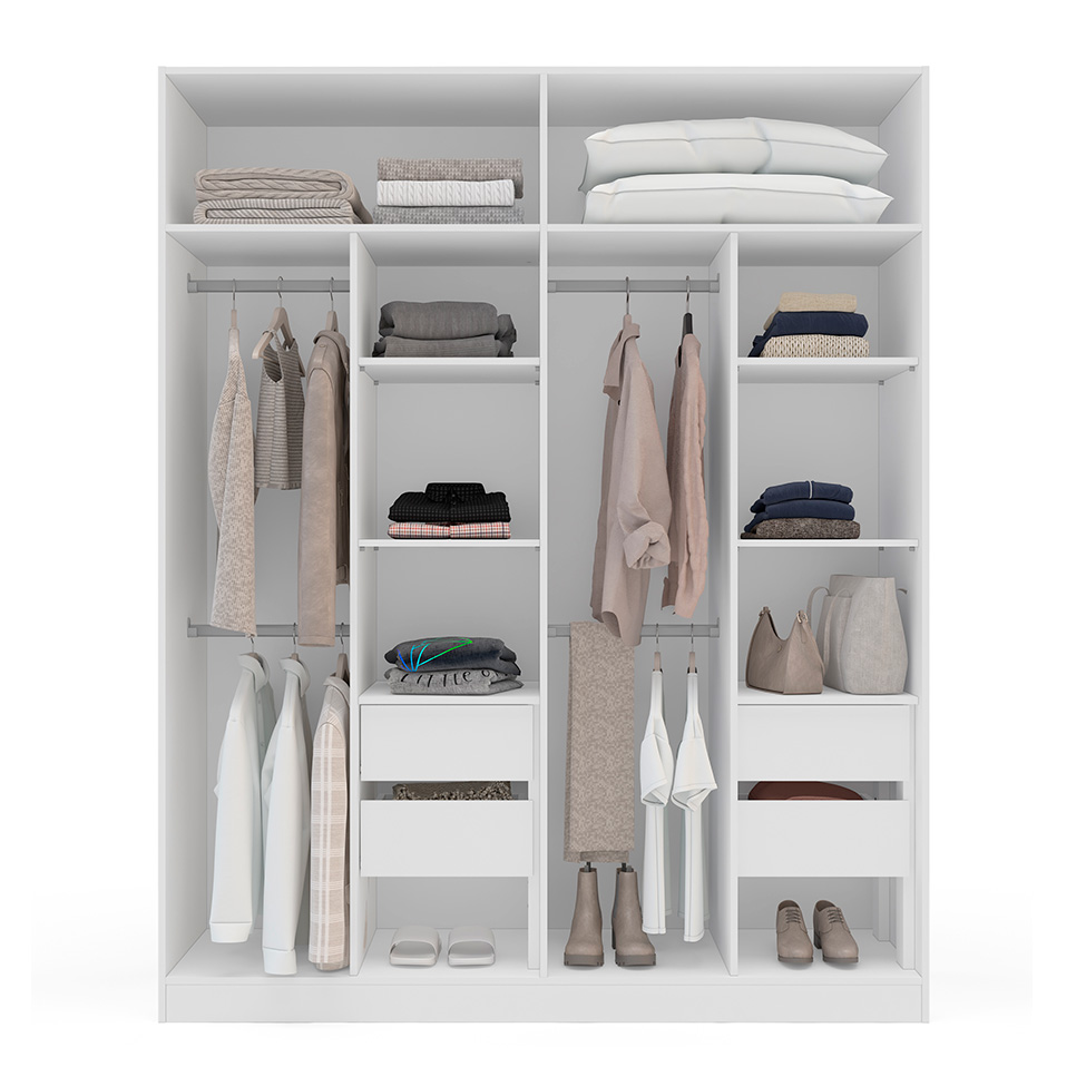 Guarda-Roupa Casal com Espelho Valência 4 Portas 4 Gavetas Branco e Creme