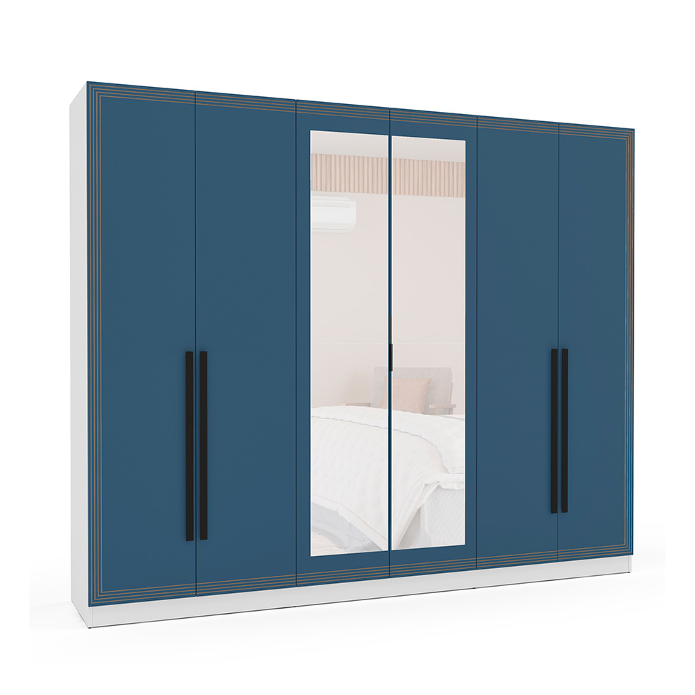 Guarda-Roupa Casal com Espelho Valência 6 Portas 4 Gavetas Branco e Azul