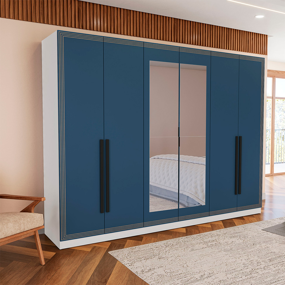 Guarda-Roupa Casal com Espelho Valência 6 Portas 4 Gavetas Branco e Azul