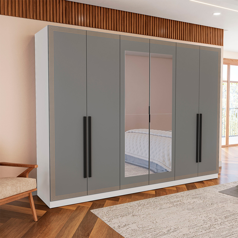 Guarda-Roupa Casal com Espelho Valência 6 Portas 4 Gavetas Branco e Cinza