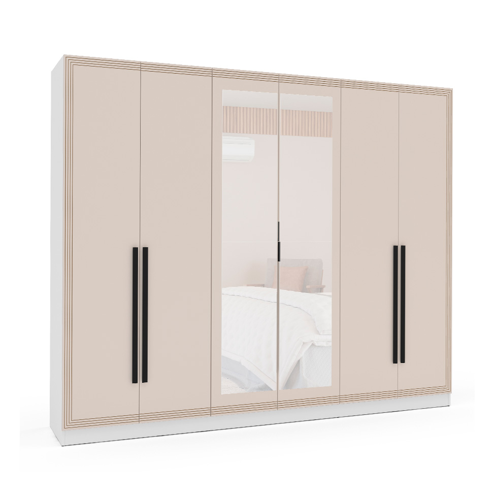 Guarda-Roupa Casal com Espelho Valência 6 Portas 4 Gavetas Branco e Creme