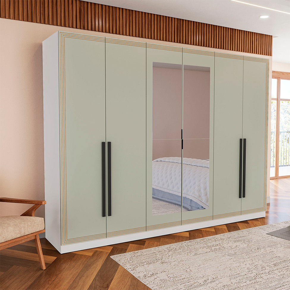 Guarda-Roupa Casal com Espelho Valência 6 Portas 4 Gavetas Branco e Verde
