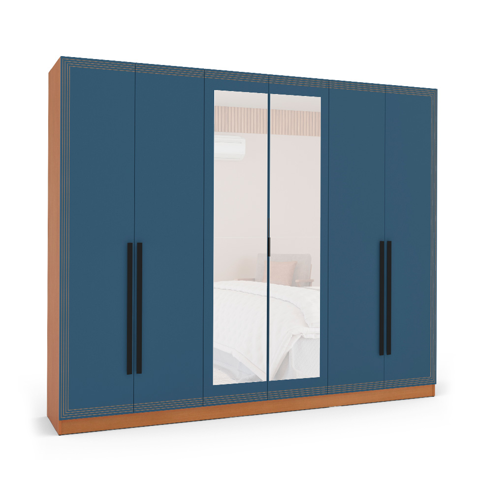 Guarda-Roupa Casal com Espelho Valência 6 Portas 4 Gavetas Freijó e Azul