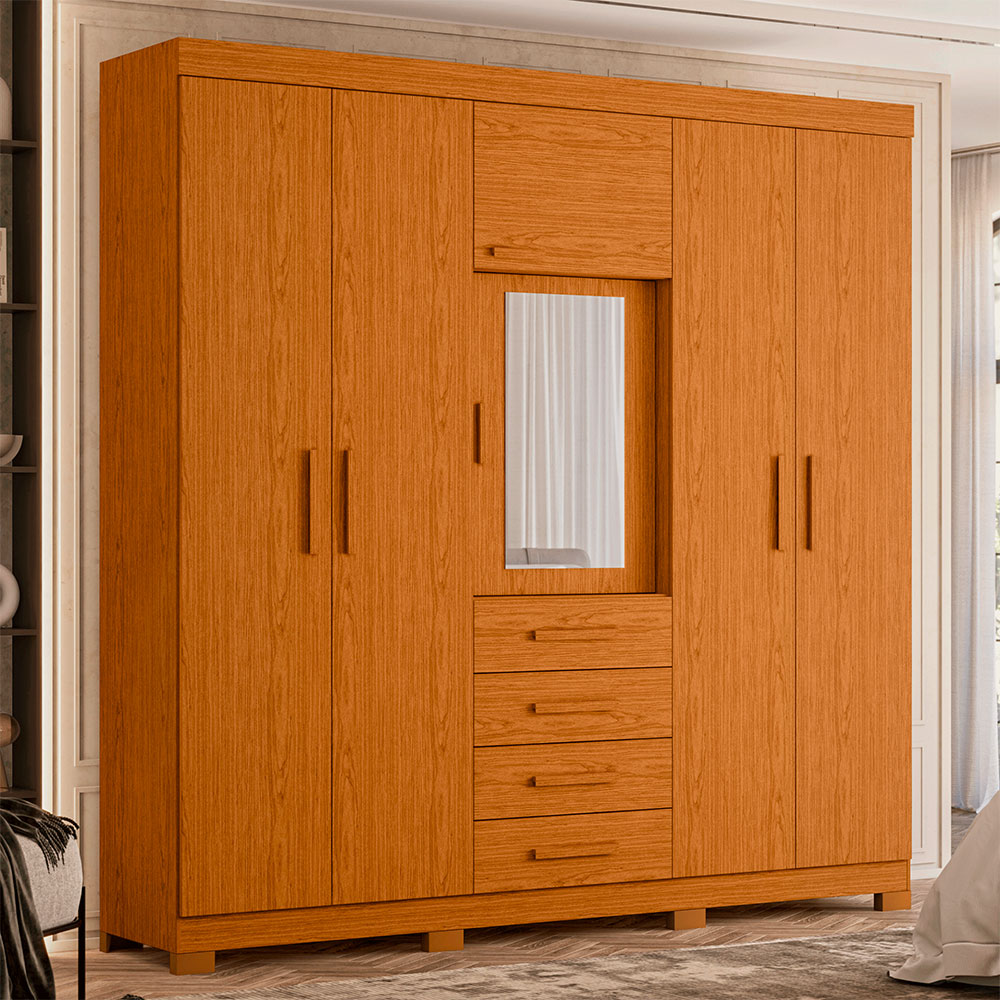 Guarda-Roupa Casal com Espelho Virtus 6 Portas 4 Gavetas Cinamomo