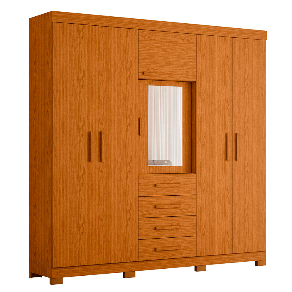 Guarda-Roupa Casal com Espelho Virtus 6 Portas 4 Gavetas Cinamomo