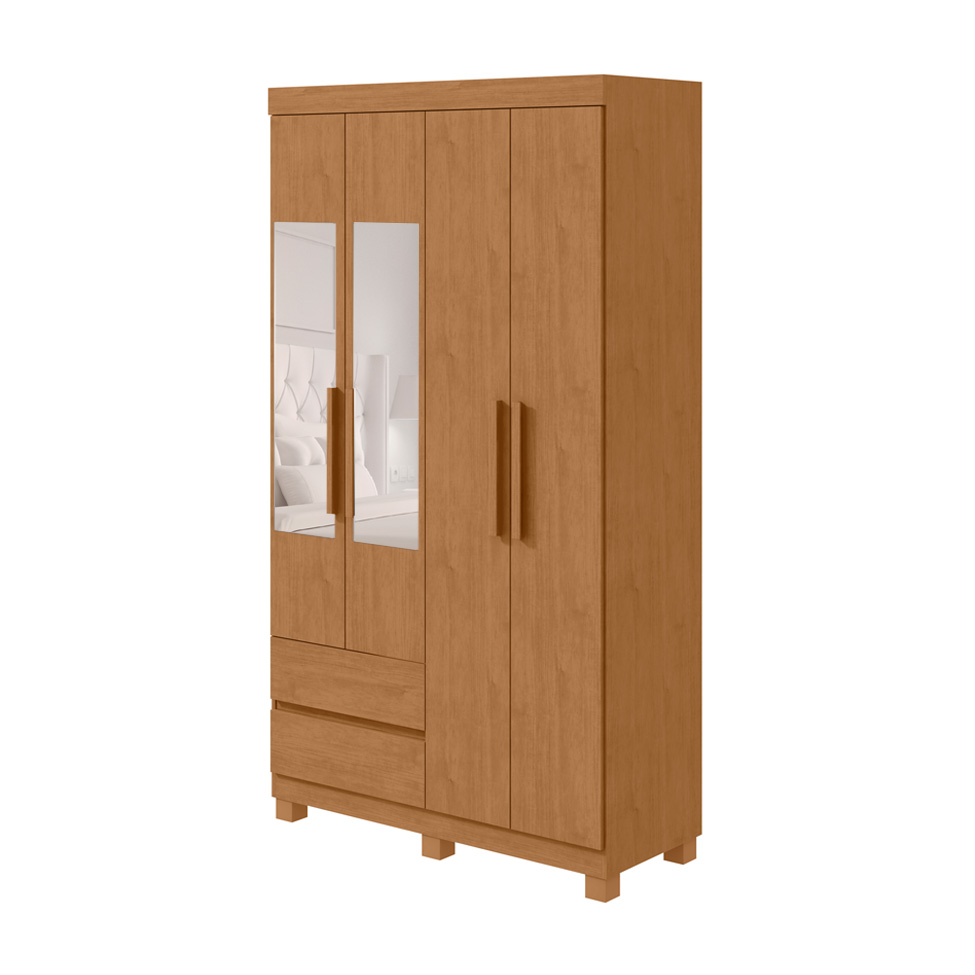Guarda-Roupa Casal com Espelho Zeus com Pés 4 Portas 2 Gavetas Amêndoa