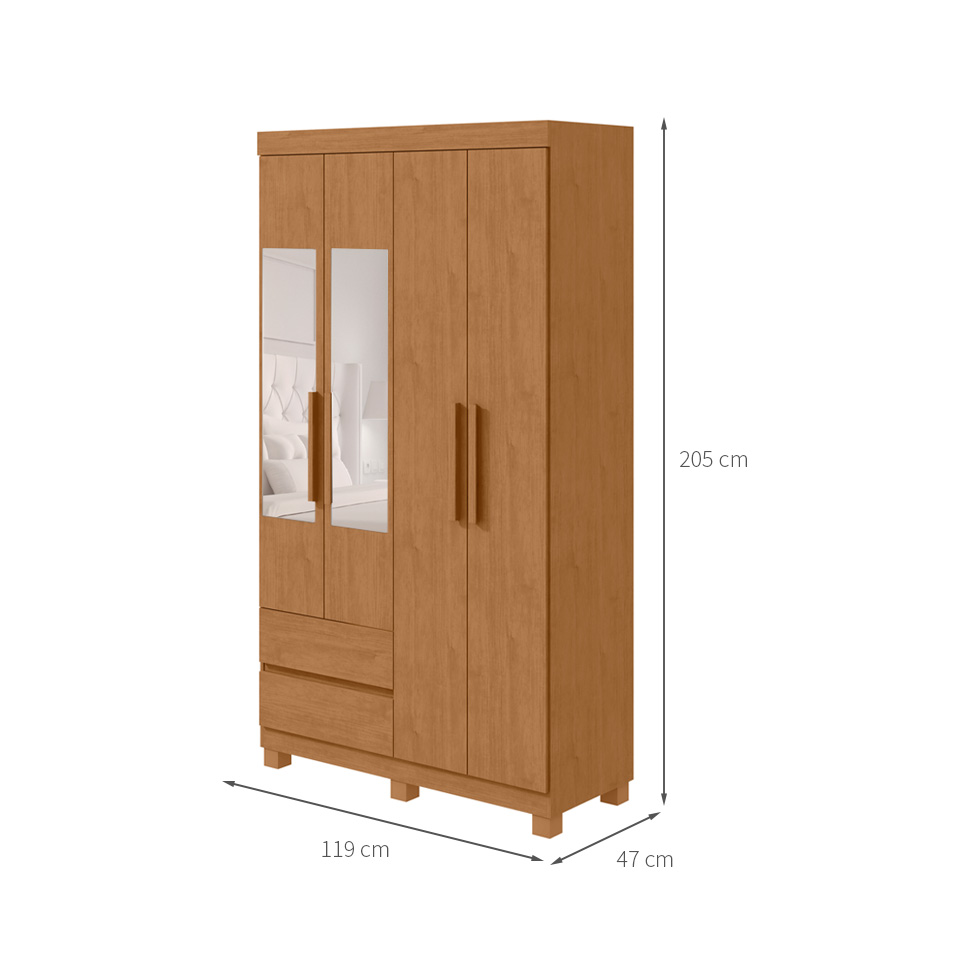 Guarda-Roupa Casal com Espelho Zeus com Pés 4 Portas 2 Gavetas Amêndoa