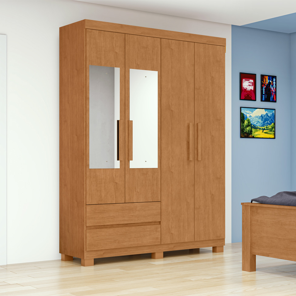 Guarda-Roupa Casal com Espelho Zeus com Pés 4 Portas 2 Gavetas Amêndoa