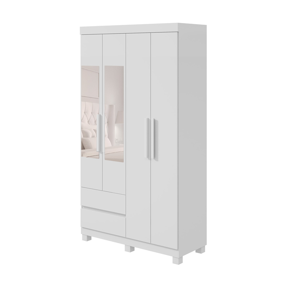 Guarda-Roupa Casal com Espelho Zeus com Pés 4 Portas 2 Gavetas Branco