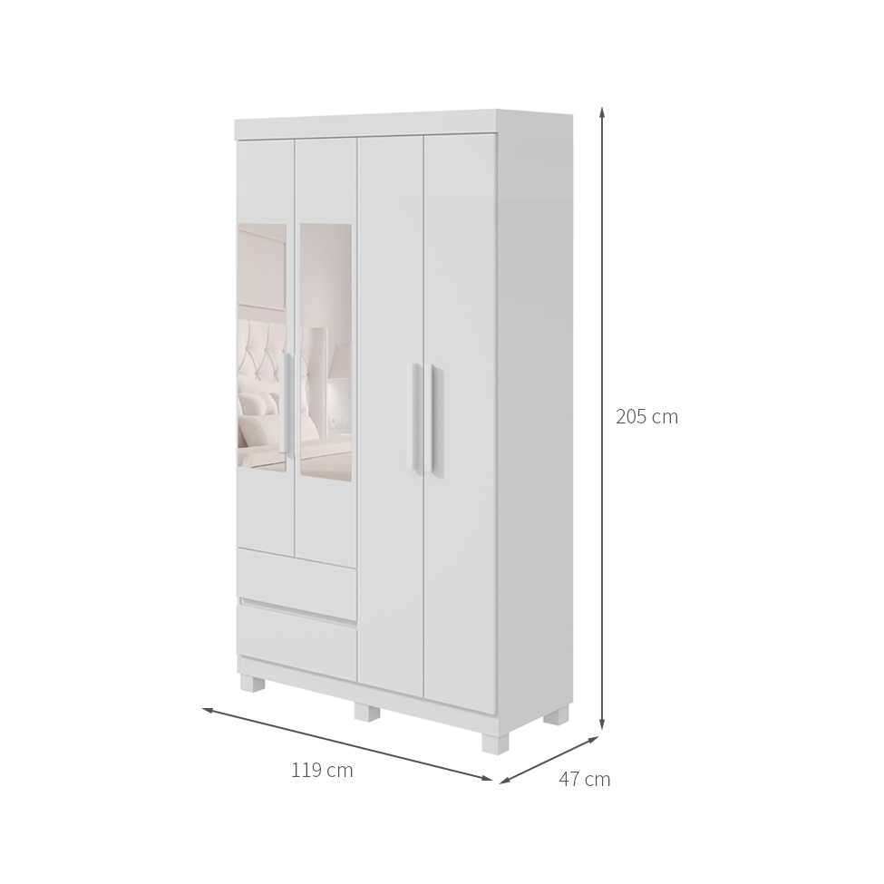 Guarda-Roupa Casal com Espelho Zeus com Pés 4 Portas 2 Gavetas Branco