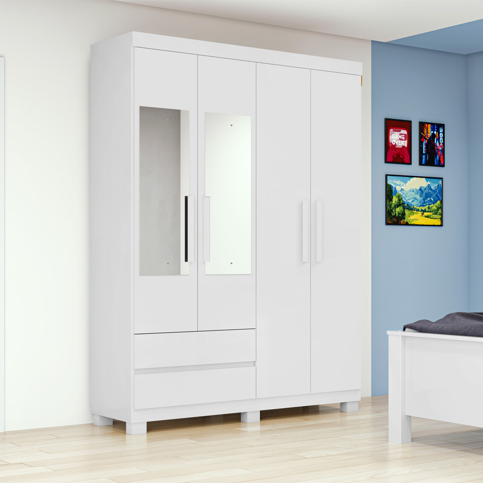 Guarda-Roupa Casal com Espelho Zeus com Pés 4 Portas 2 Gavetas Branco