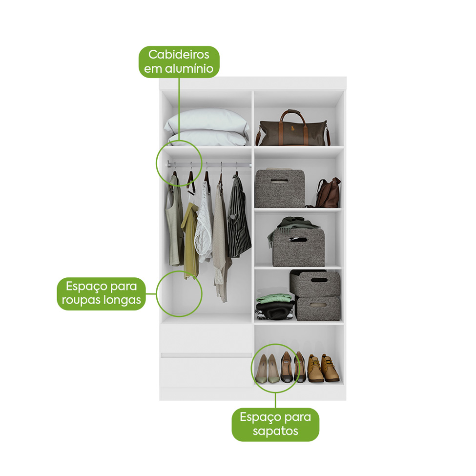 Guarda-Roupa Casal com Espelho Zeus com Pés 4 Portas 2 Gavetas Branco