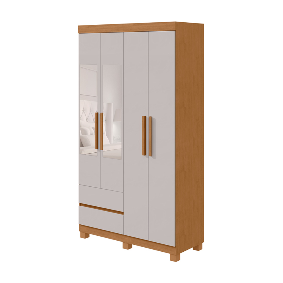 Guarda-Roupa Casal com Espelho Zeus com Pés 4 Portas 2 Gavetas Off White e Amêndoa