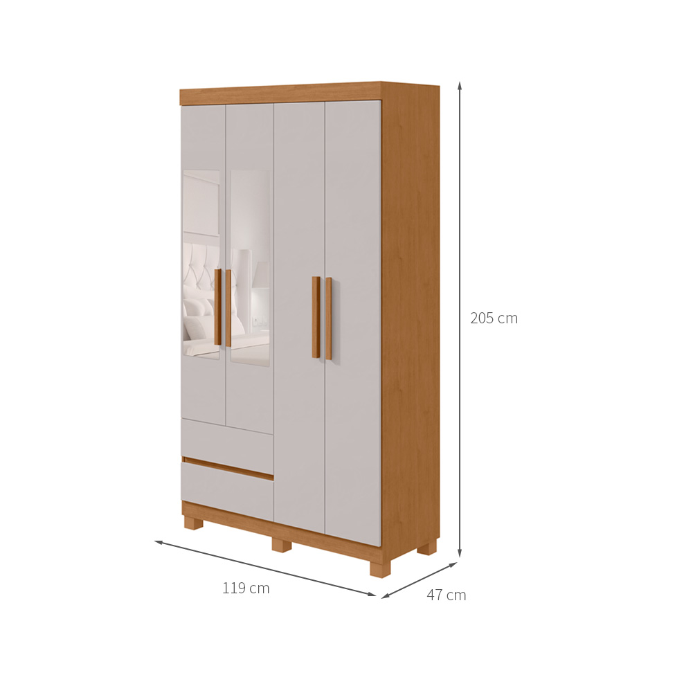 Guarda-Roupa Casal com Espelho Zeus com Pés 4 Portas 2 Gavetas Off White e Amêndoa