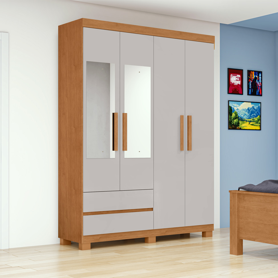 Guarda-Roupa Casal com Espelho Zeus com Pés 4 Portas 2 Gavetas Off White e Amêndoa