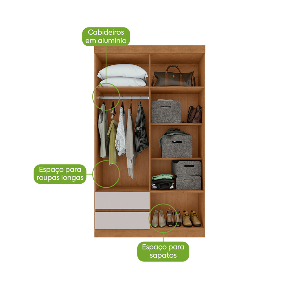 Guarda-Roupa Casal com Espelho Zeus com Pés 4 Portas 2 Gavetas Off White e Amêndoa