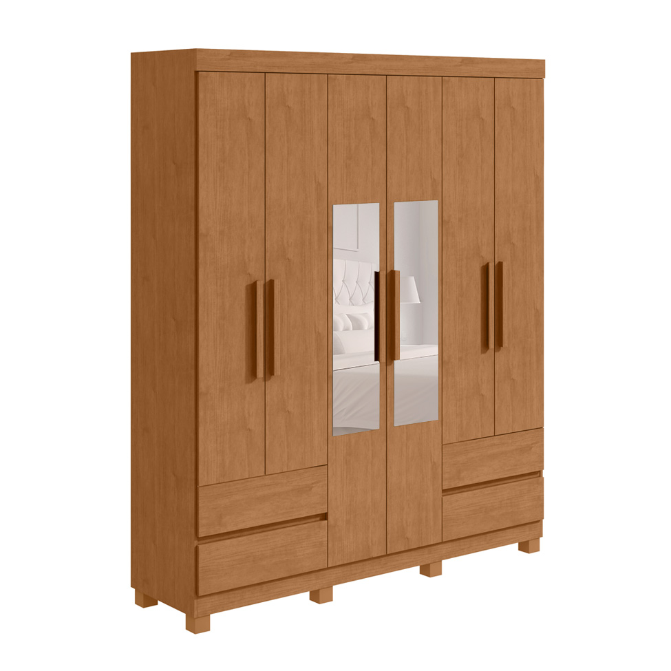 Guarda-Roupa Casal com Espelho Zeus com Pés 6 Portas 4 Gavetas Amêndoa
