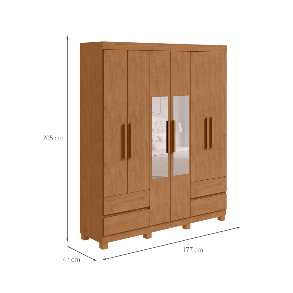 Guarda-Roupa Casal com Espelho Zeus com Pés 6 Portas 4 Gavetas Amêndoa