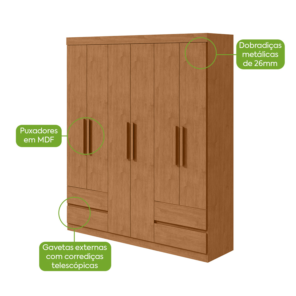 Guarda-Roupa Casal com Espelho Zeus com Pés 6 Portas 4 Gavetas Amêndoa
