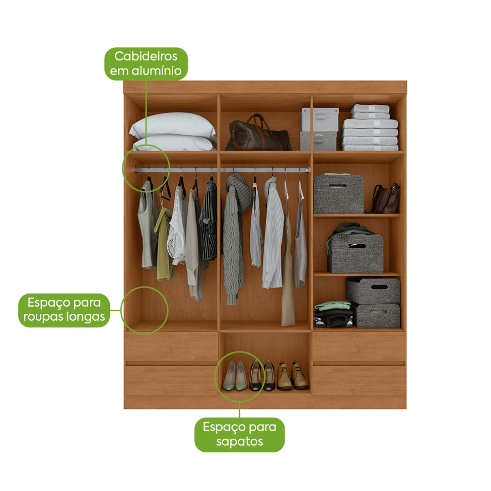 Guarda-Roupa Casal com Espelho Zeus com Pés 6 Portas 4 Gavetas Amêndoa