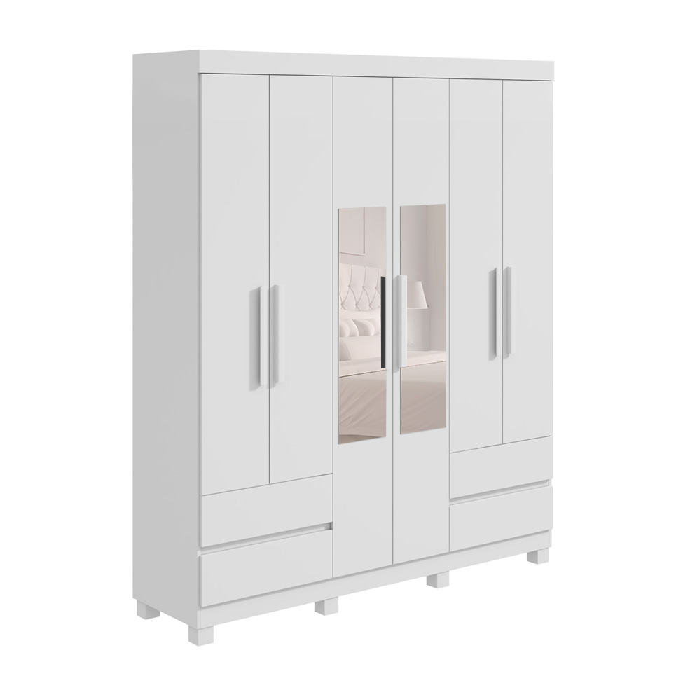 Guarda-Roupa Casal com Espelho Zeus com Pés 6 Portas 4 Gavetas Branco