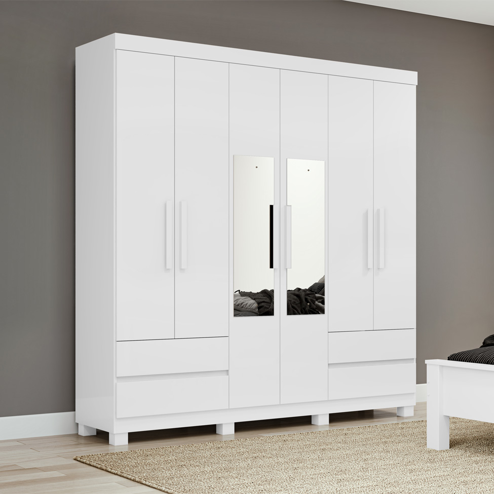 Guarda-Roupa Casal com Espelho Zeus com Pés 6 Portas 4 Gavetas Branco
