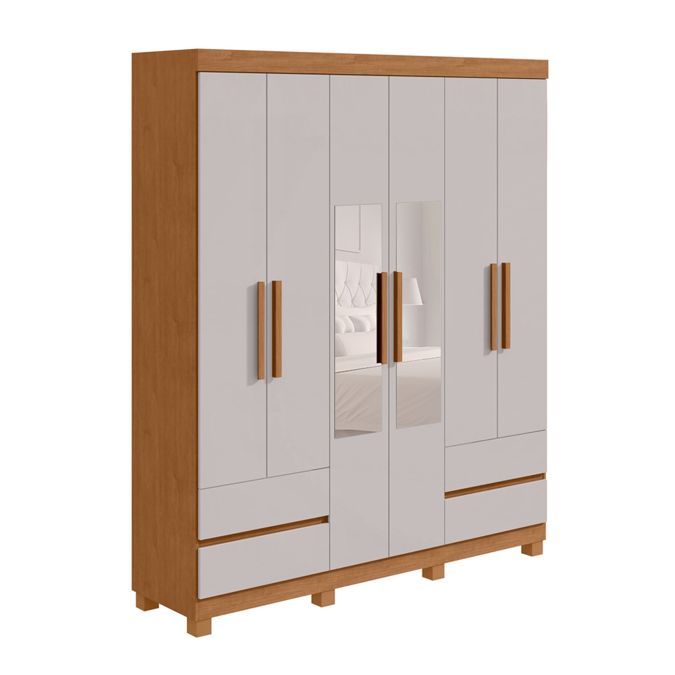 Guarda-Roupa Casal com Espelho Zeus com Pés 6 Portas 4 Gavetas Off White e Amêndoa