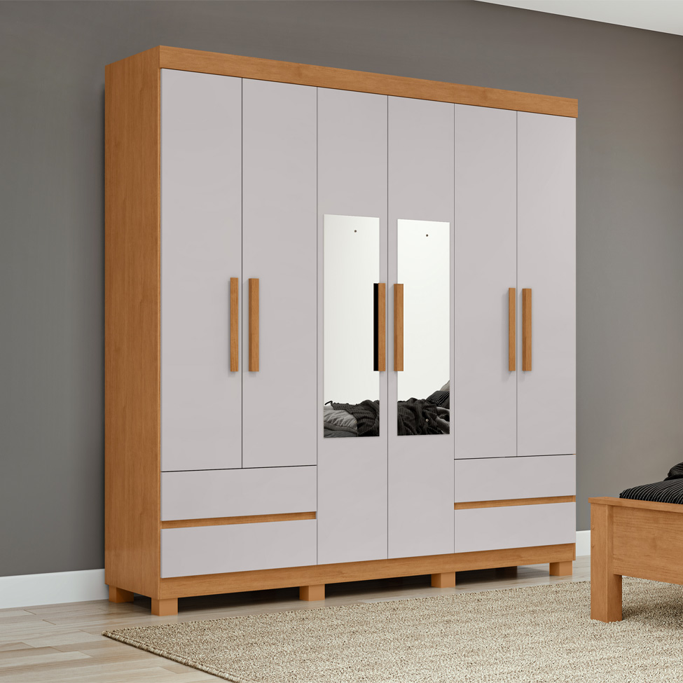 Guarda-Roupa Casal com Espelho Zeus com Pés 6 Portas 4 Gavetas Off White e Amêndoa