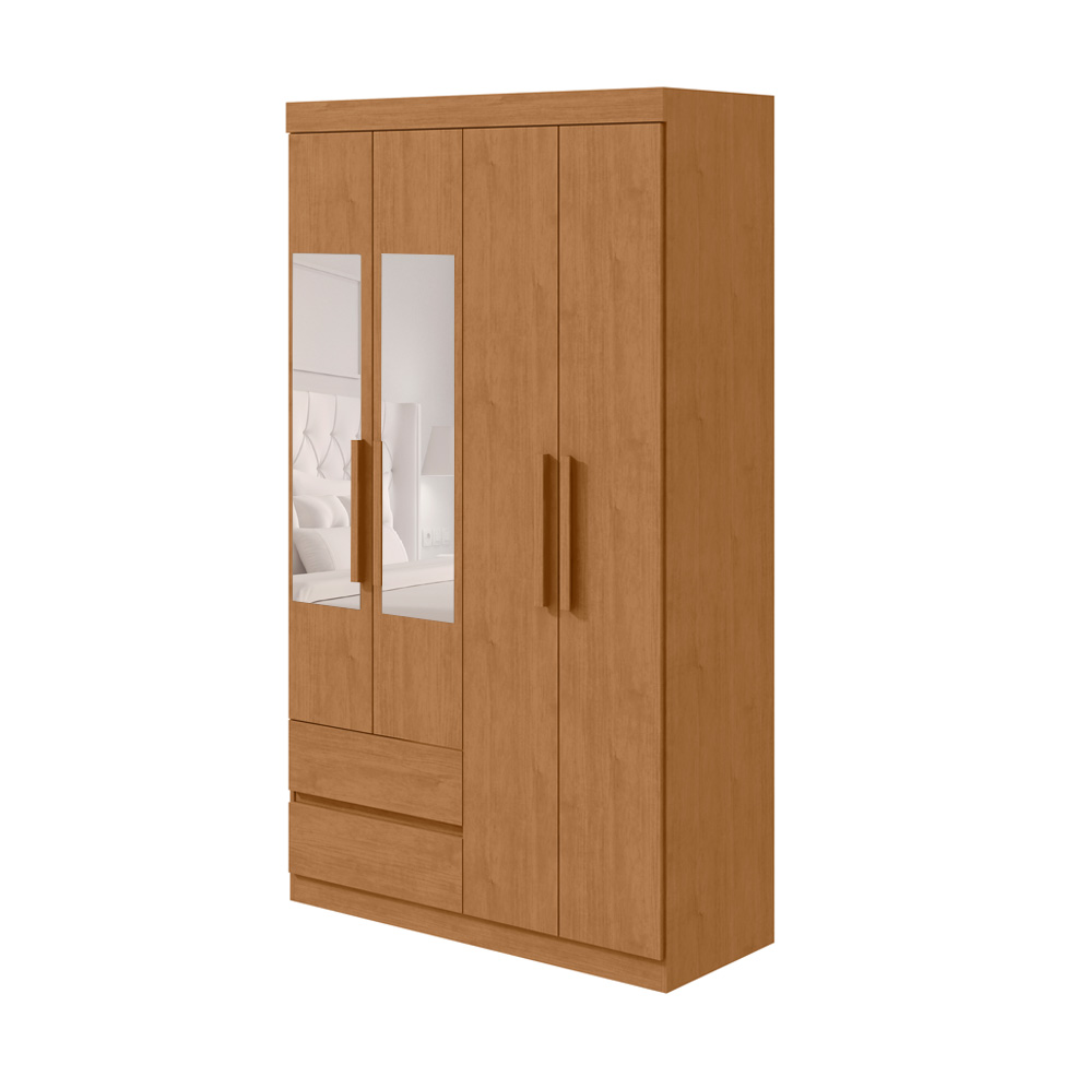 Guarda-Roupa Casal com Espelho Zeus sem Pés 4 Portas 2 Gavetas Amêndoa