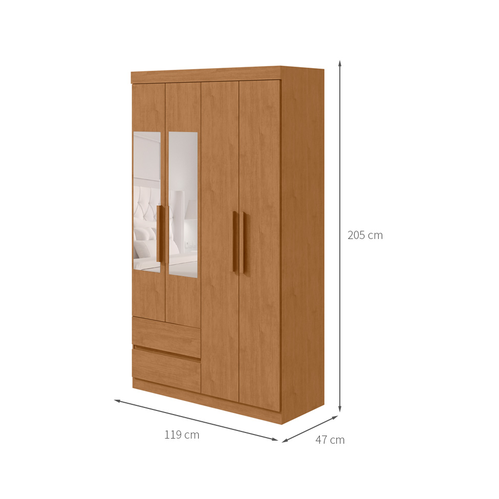 Guarda-Roupa Casal com Espelho Zeus sem Pés 4 Portas 2 Gavetas Amêndoa