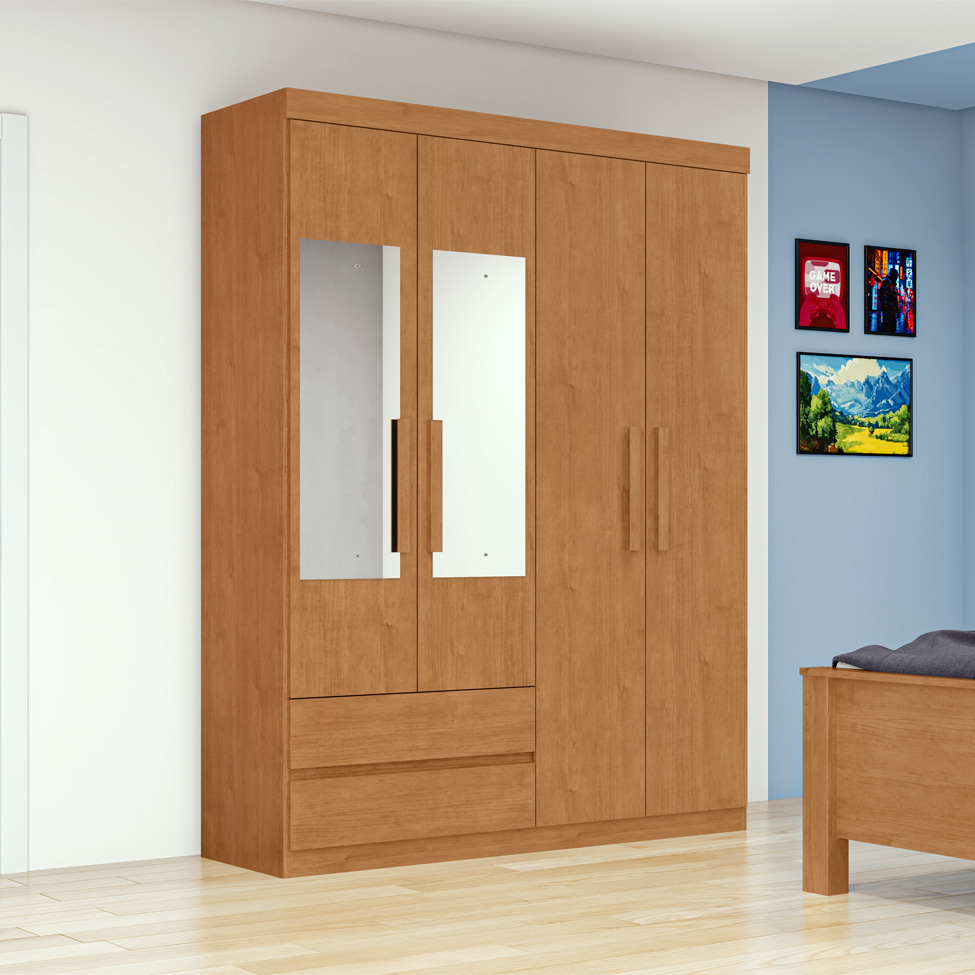 Guarda-Roupa Casal com Espelho Zeus sem Pés 4 Portas 2 Gavetas Amêndoa
