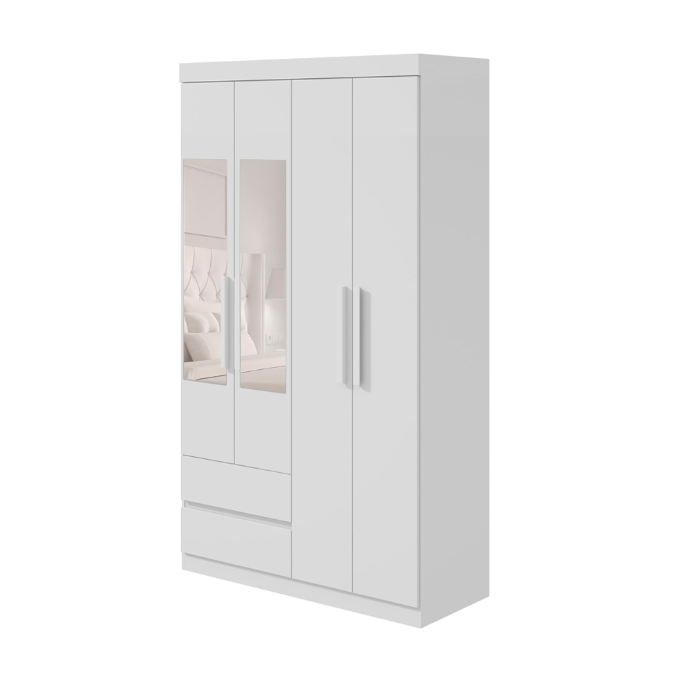 Guarda-Roupa Casal com Espelho Zeus sem Pés 4 Portas 2 Gavetas Branco