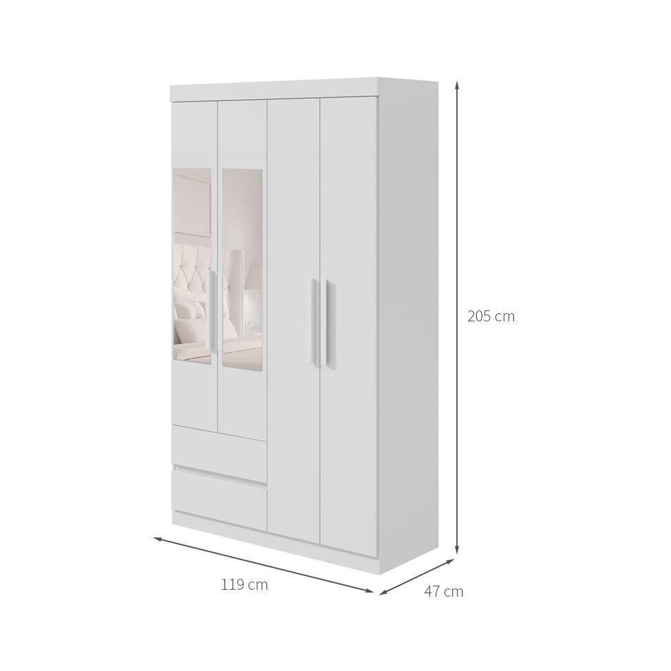 Guarda-Roupa Casal com Espelho Zeus sem Pés 4 Portas 2 Gavetas Branco