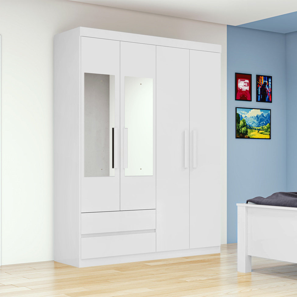 Guarda-Roupa Casal com Espelho Zeus sem Pés 4 Portas 2 Gavetas Branco