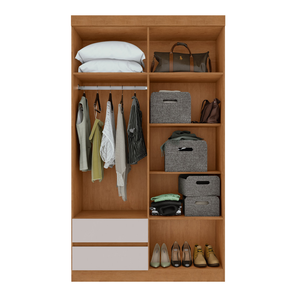 Guarda-Roupa Casal com Espelho Zeus sem Pés 4 Portas 2 Gavetas Off White e Amêndoa