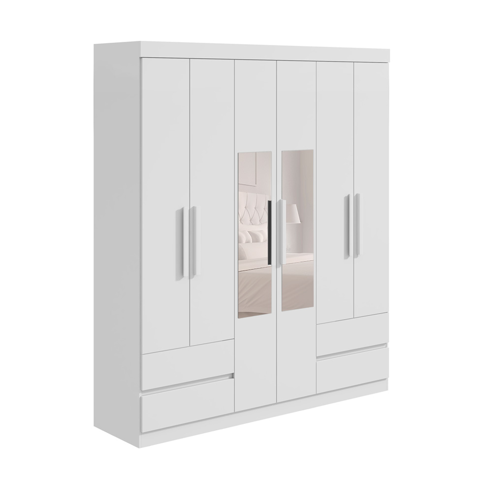 Guarda-Roupa Casal com Espelho Zeus sem Pés 6 Portas 4 Gavetas Branco