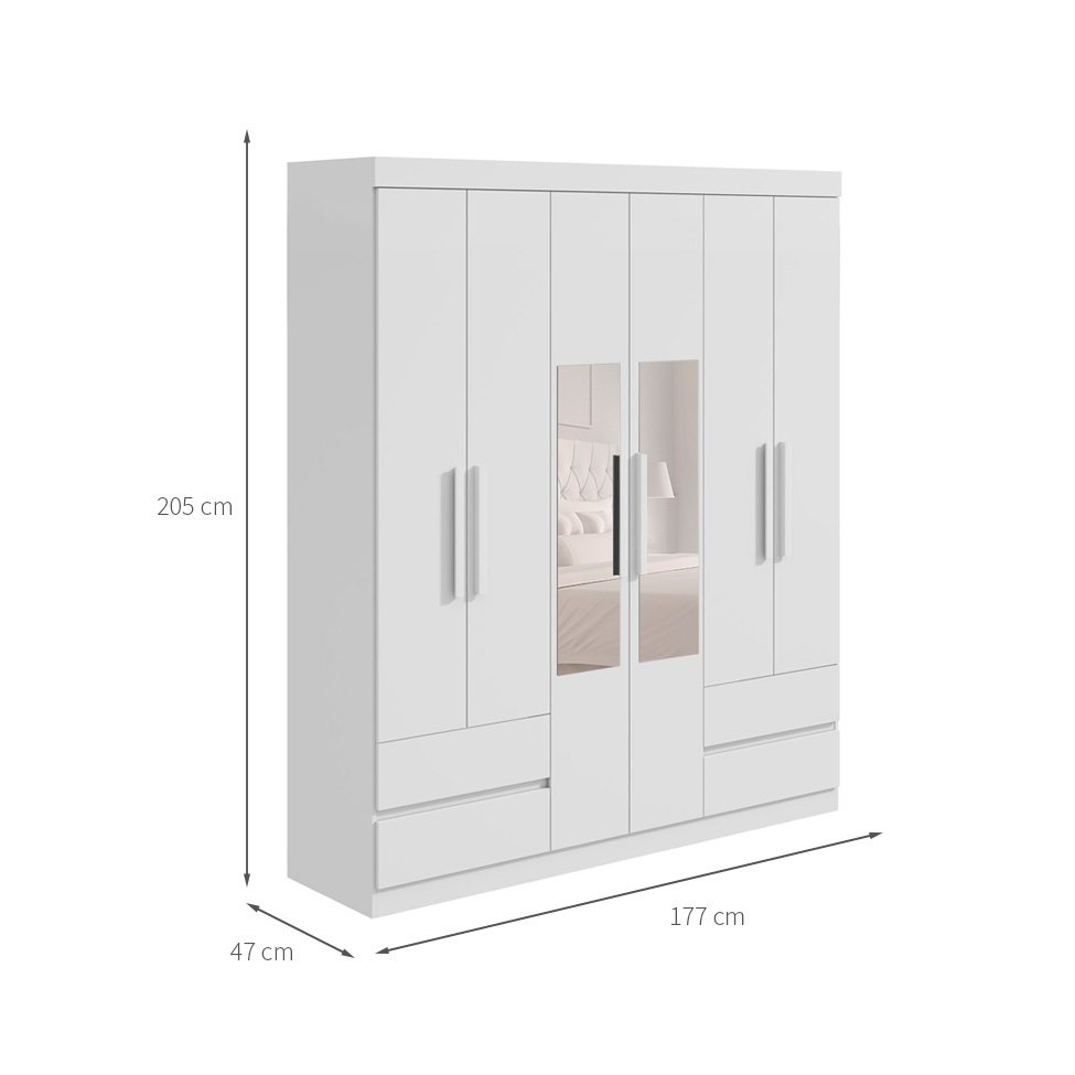 Guarda-Roupa Casal com Espelho Zeus sem Pés 6 Portas 4 Gavetas Branco