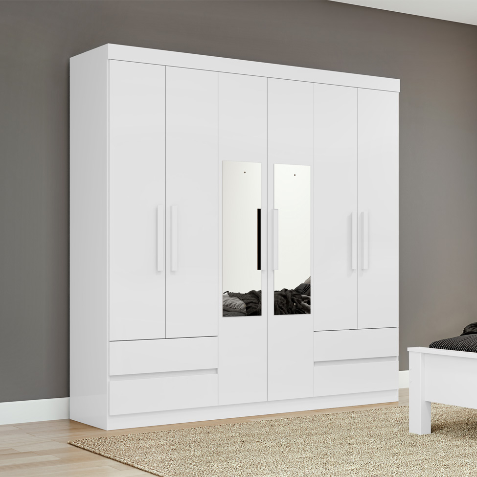 Guarda-Roupa Casal com Espelho Zeus sem Pés 6 Portas 4 Gavetas Branco
