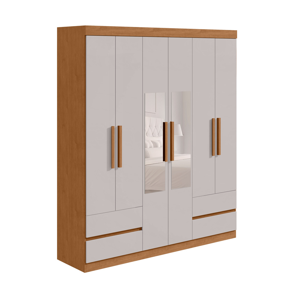 Guarda-Roupa Casal com Espelho Zeus sem Pés 6 Portas 4 Gavetas Off White e Amêndoa