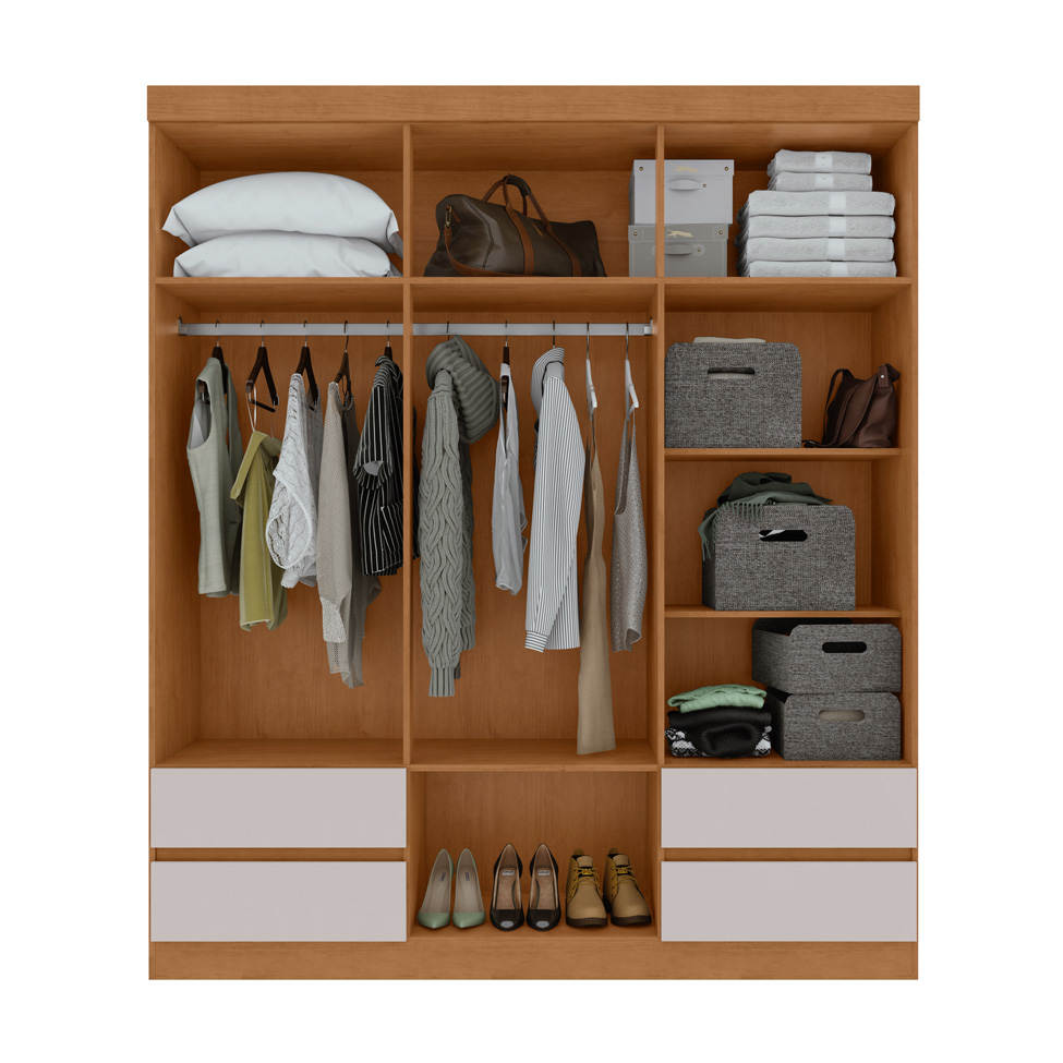 Guarda-Roupa Casal com Espelho Zeus sem Pés 6 Portas 4 Gavetas Off White e Amêndoa
