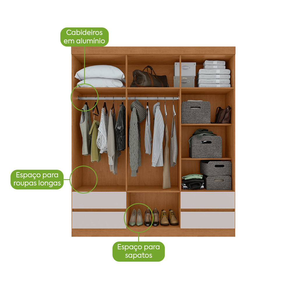 Guarda-Roupa Casal com Espelho Zeus sem Pés 6 Portas 4 Gavetas Off White e Amêndoa