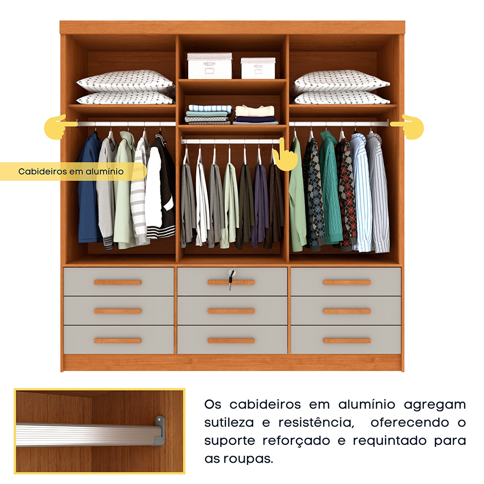 Guarda-Roupa Casal com Espelho e Pés Chicago 3 PT 9 GV Cinamomo e Off White