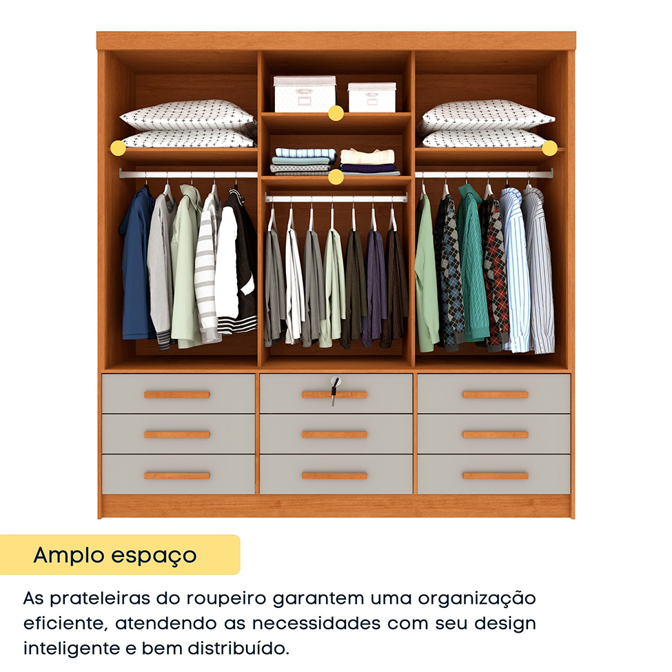 Guarda-Roupa Casal com Espelho e Pés Chicago 3 PT 9 GV Cinamomo e Off White