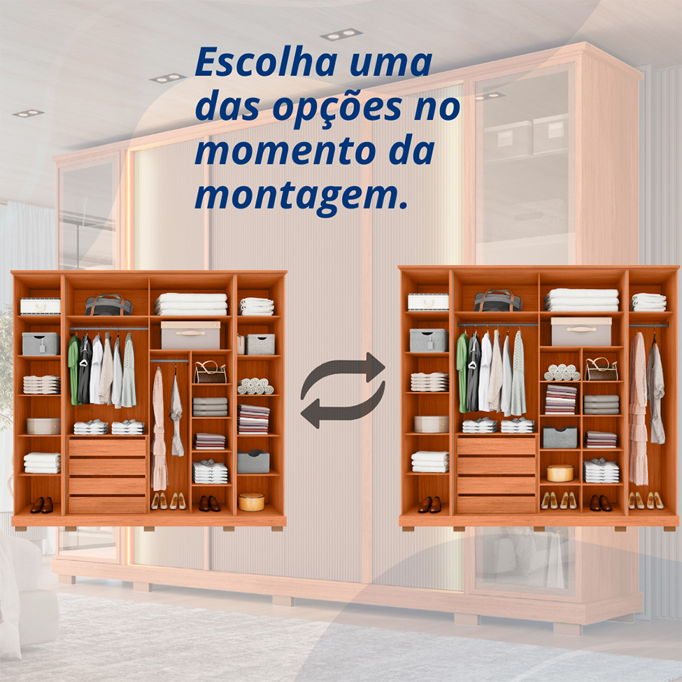 Guarda-Roupa Casal com Reflecta Monday Ripado 6 Portas 4 Gavetas Freijó e Bege