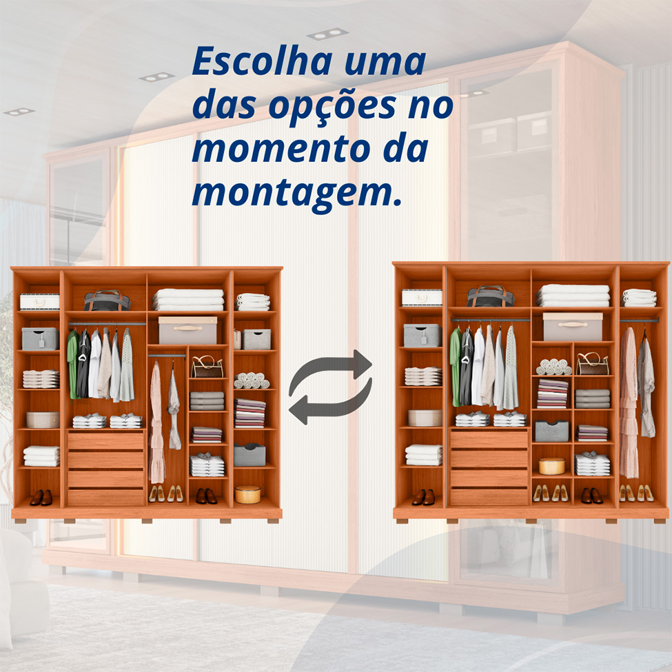 Guarda-Roupa Casal com Reflecta Monday Ripado 6 Portas 4 Gavetas Freijó e Off White