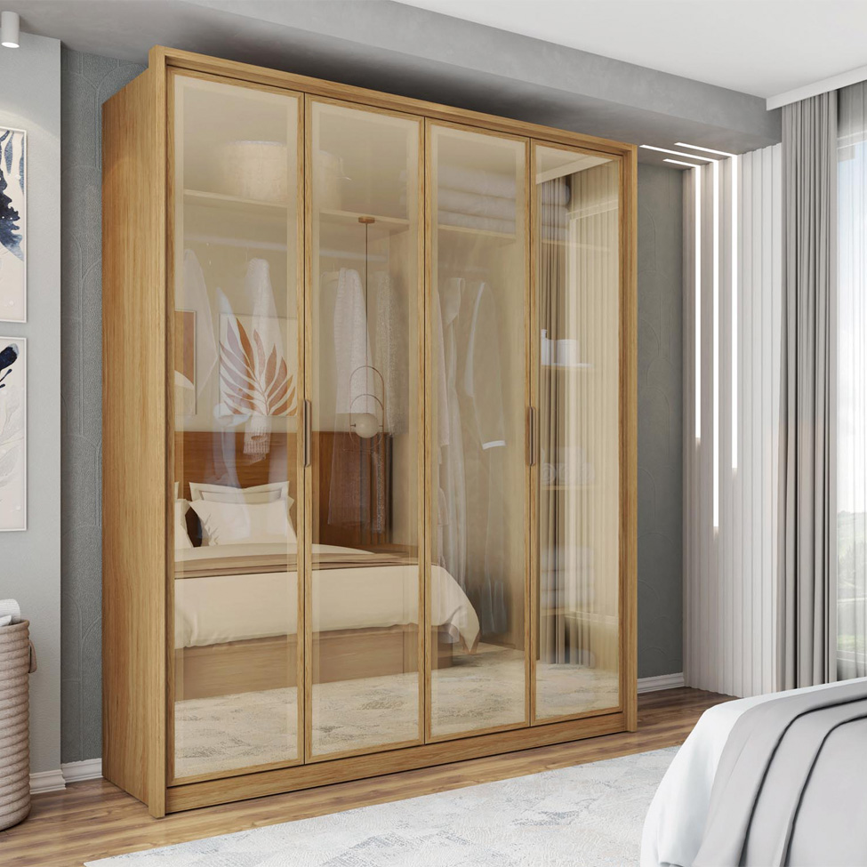 Guarda-Roupa Casal com Reflecta New Reflex MDF 4 Portas 3 Gavetas Buriti