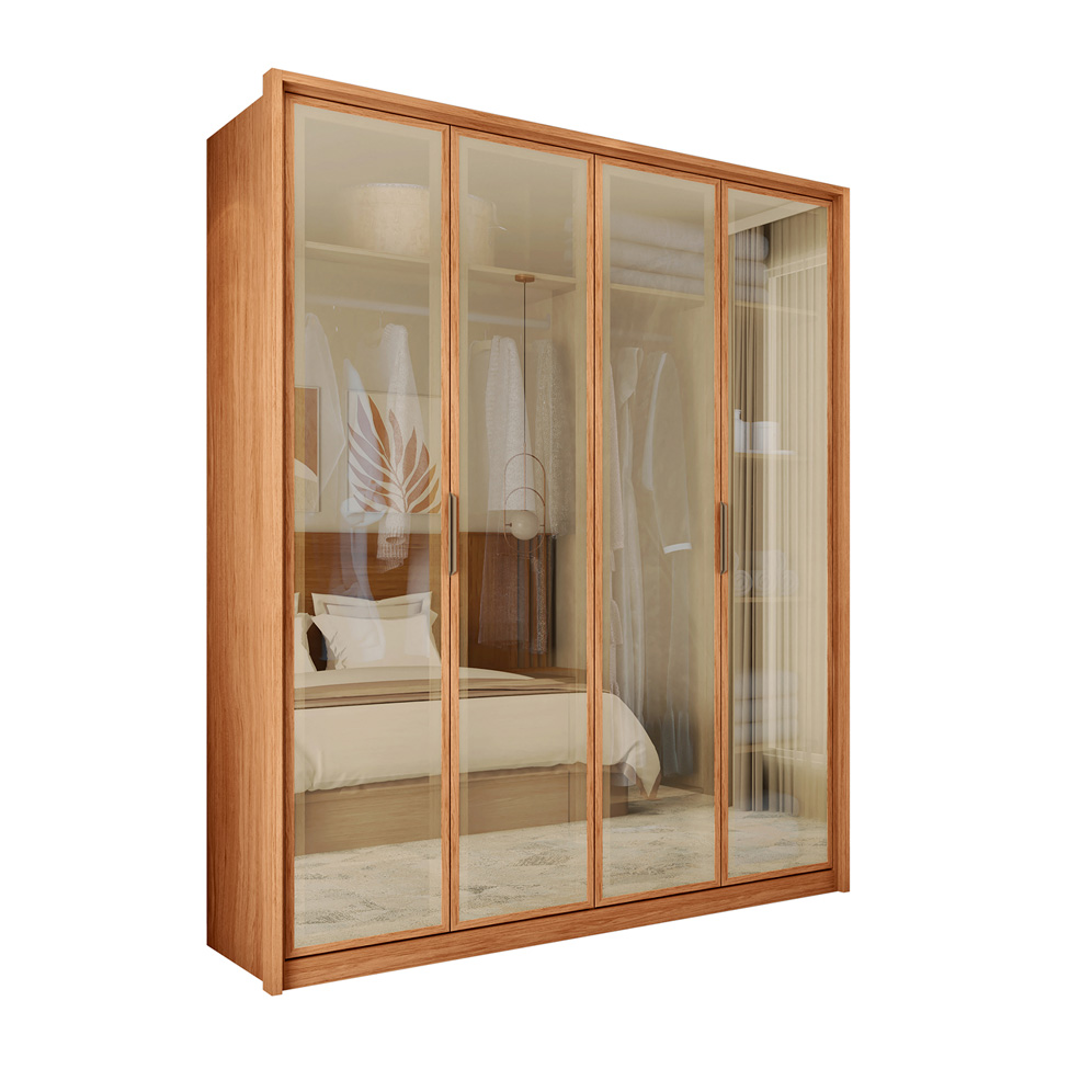 Guarda-Roupa Casal com Reflecta New Reflex MDF 4 Portas 3 Gavetas Freijó
