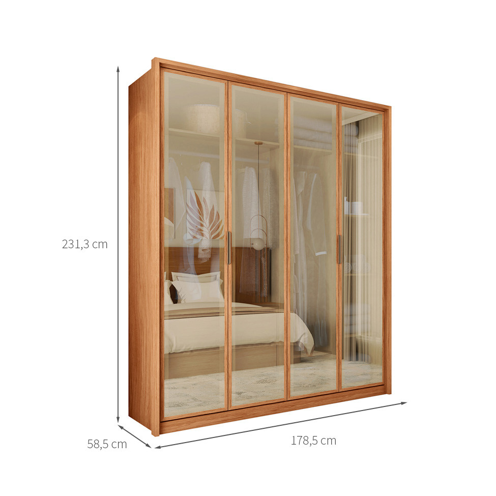 Guarda-Roupa Casal com Reflecta New Reflex MDF 4 Portas 3 Gavetas Freijó